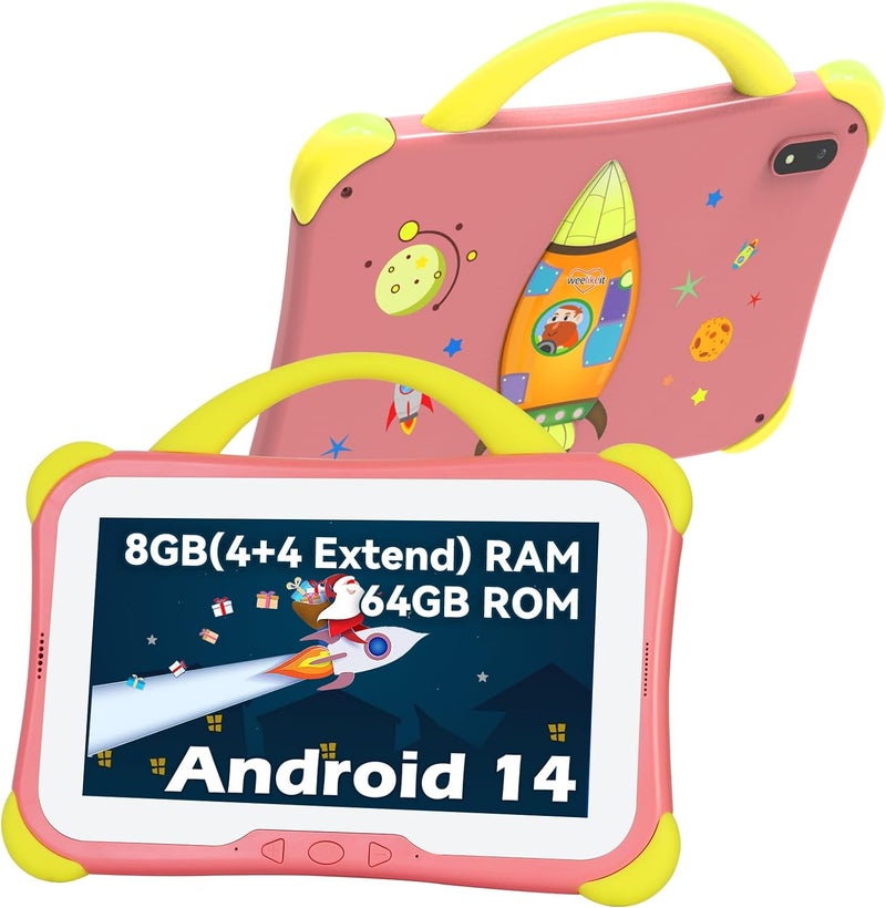 weelikeit تابلت للأطفال 7 بوصة للأطفال من 3-10 سنوات، 8GB(4+4 تمديد) RAM 64GB ROM تابلت للأطفال بنظام أندرويد 14 مع كاميرا مزدوجة، تحكم أبوي، غلاف صلب، واي فاي، يوتيوب، تطبيقات تعليمية مثبتة (وردي) - Image 1